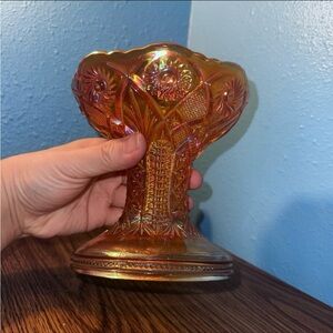 Vintage Imperial Glass Hobstar Marigold Carnival Glass Vase Punch Bowl Pedestal